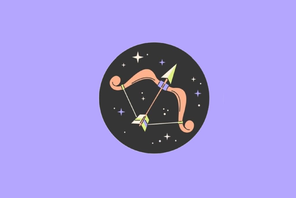 Ilustração circular com fundo preto apresentando um arco e flecha estilizados em tons de madeira e verde, cercados por estrelas. O fundo externo é lilás.