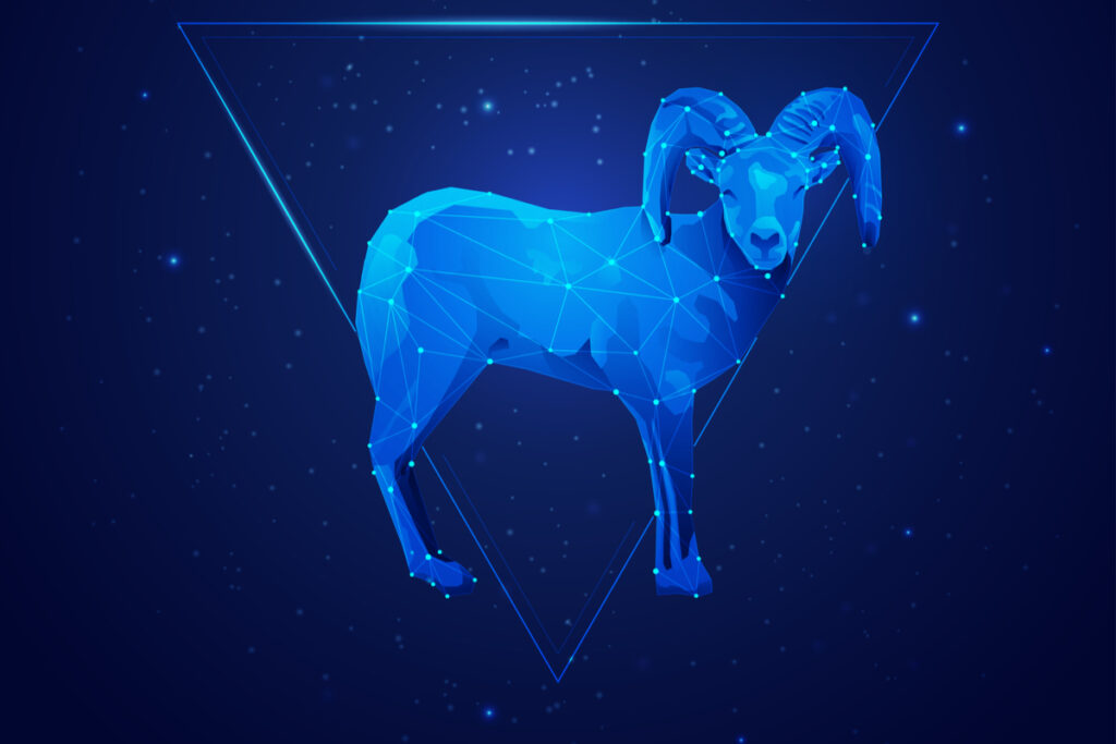 Ilustração de um carneiro que representa o signo de Áries em um fundoa azul-escuro 