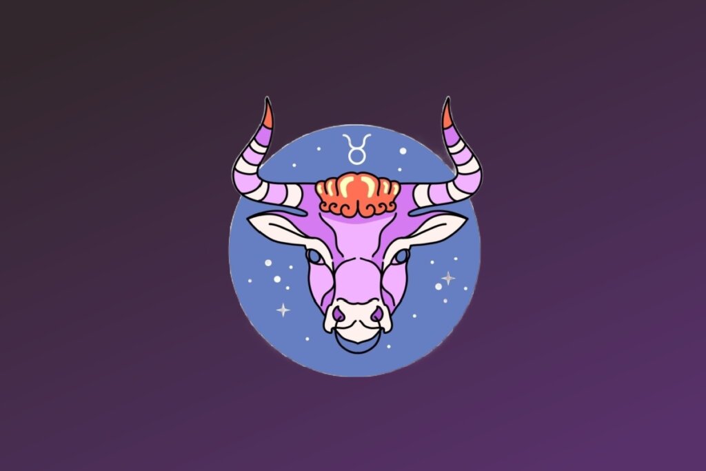 Ilustração do signo de Touro. Apresenta a cabeça de um touro branco com detalhes em azul e olhos pretos. Ele possui chifres curtos e pontiagudos voltados para cima, decorados com listras vermelhas e amarelas. O símbolo de Touro está posicionado em branco acima da cabeça, entre os chifres.