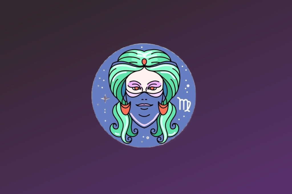 Ilustração do signo de Virgem. Representa o rosto de uma mulher com traços estilizados e pele clara. Ela tem cabelos volumosos e ondulados em tons de verde-água e usa uma máscara ou detalhe roxo que cobre a parte inferior do rosto. Ela veste brincos grandes em formato de meia-lua na cor coral. O símbolo de Virgem aparece em branco à direita do rosto.