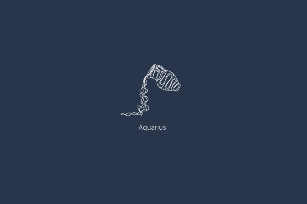 Ilustração do signo de aquário, com o nome do signo abaixo, em um fundo azul-escuro
