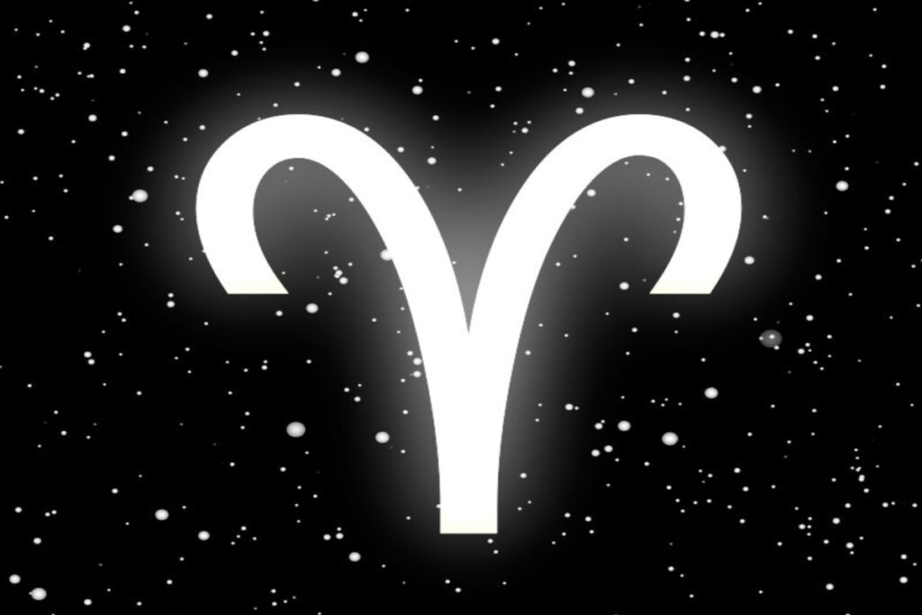 Ilustração branca do símbolo do signo de áries sobre fundo preto com estrelas brancas