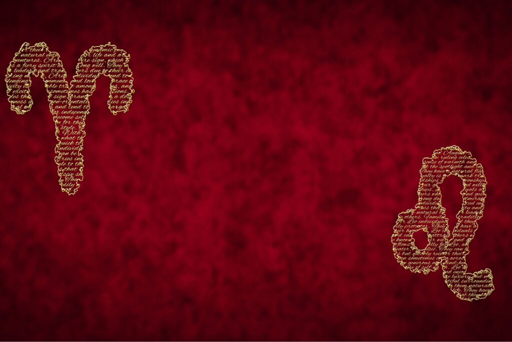 Ilustração do signo de áries e leão, em dourado, sobre um fundo vermelho com manchas pretas 