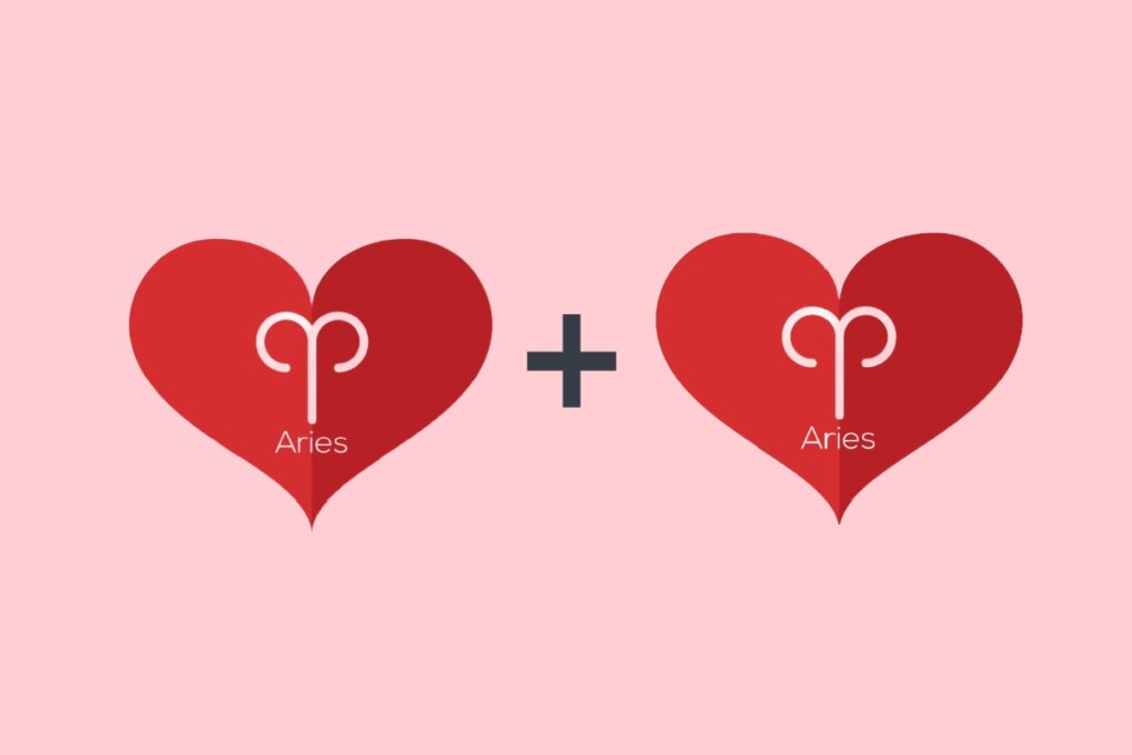 Dois corações vermelhos em um fundo rosa, ambos com o símbolo de Áries em formato de “V” curvado, com um sinal de adição preto entre eles