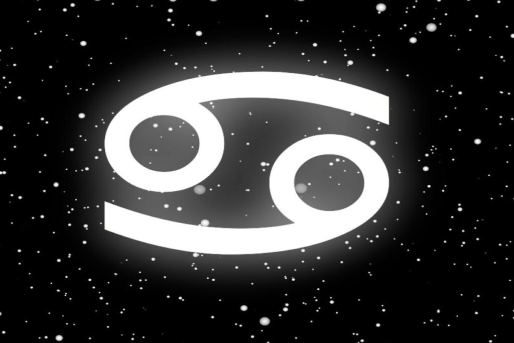 Ilustração branca do símbolo do signo de câncer sobre fundo preto com estrelas brancas