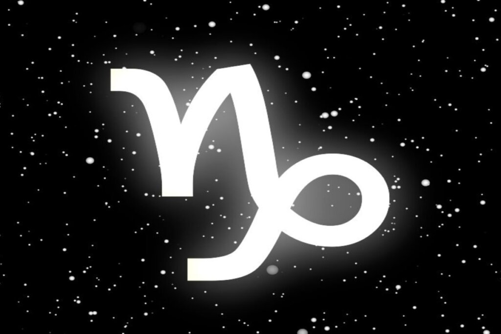 Ilustração branca do símbolo do signo de capricórnio sobre fundo preto com estrelas brancas