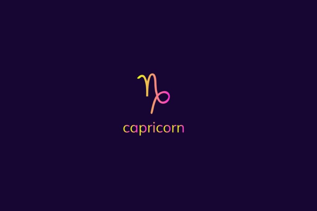 Ilustração do signo de capricórnio na cor rosa e amarelo em um fundo azul-escuro