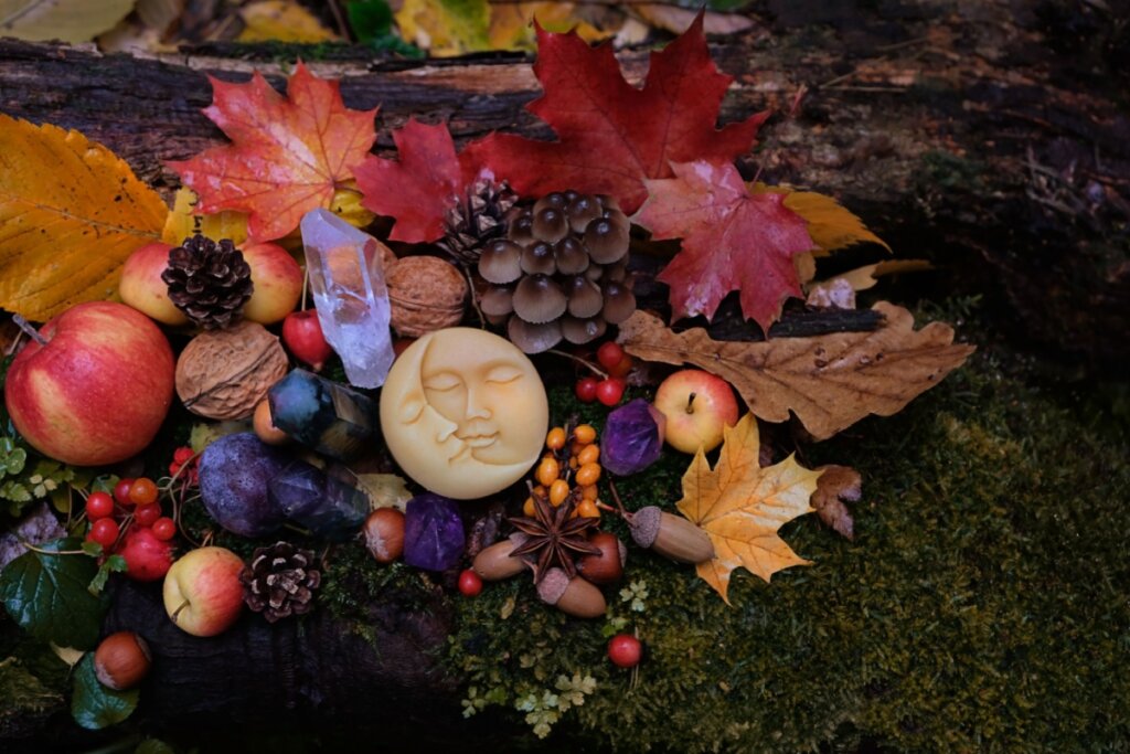 Folhas, maças, velas e cristais juntos em cima de uma grama e em frente a um tronco