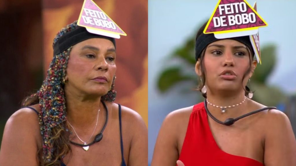 Solange Couto e Gabriela com placas do Sincerão na cabeça