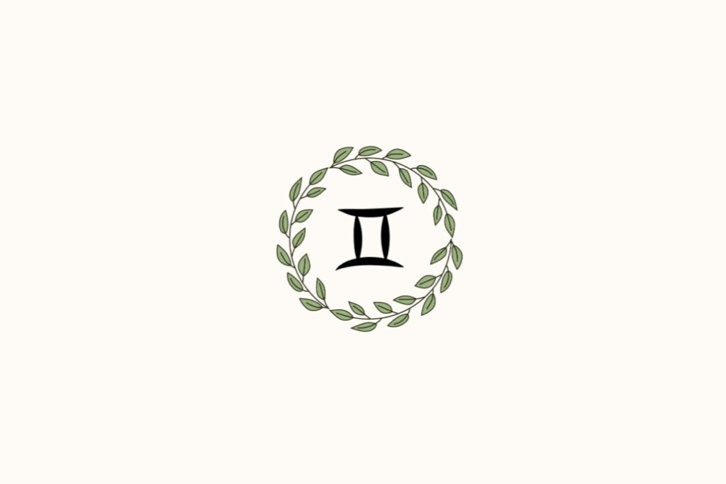 Ilustração de uma coroa de plantas ao redor do signo de gêmeos, sobre fundo rosa-claro