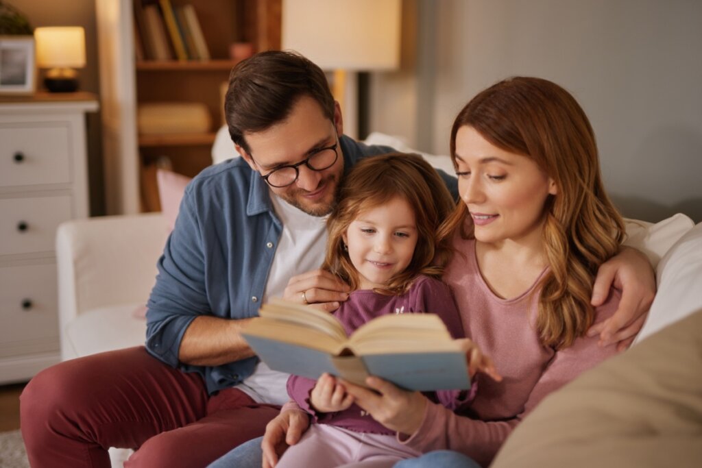 Mãe e pai lendo um livro impresso com a filha sentados no sofá, compartilhando um momento de leitura em família