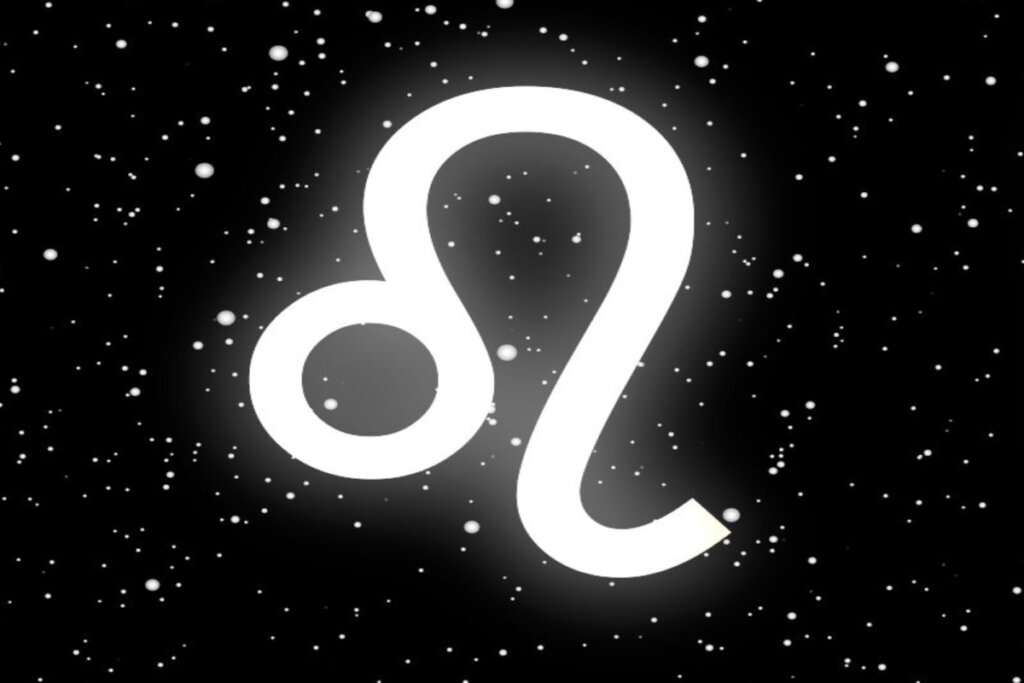 Ilustração branca do símbolo do signo de leão sobre fundo preto com estrelas brancas