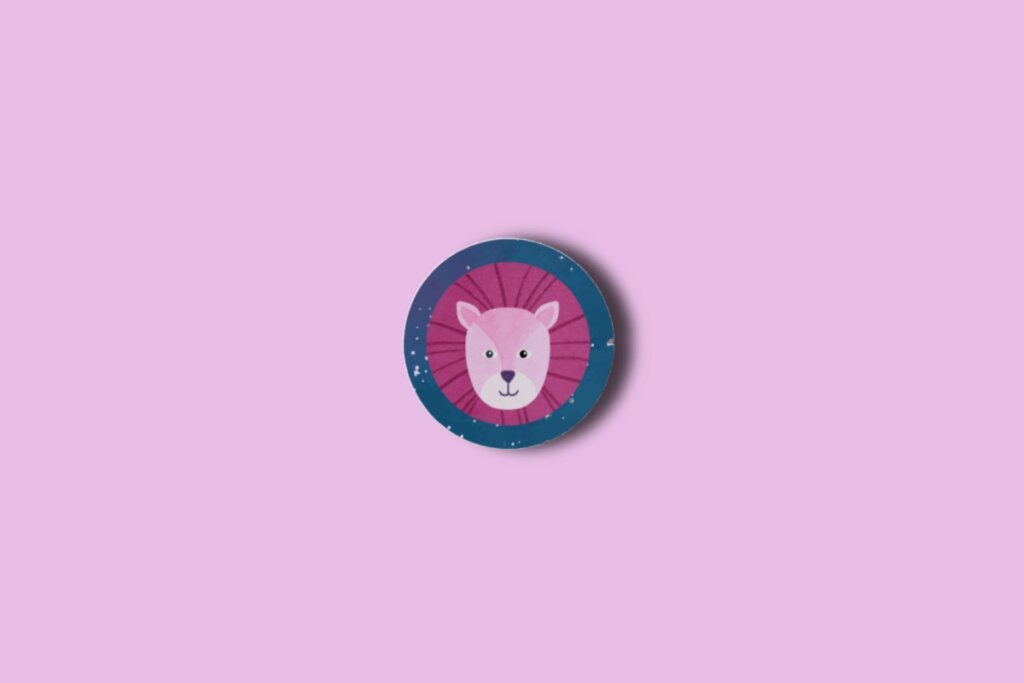 Ilustração do signo de leão em um círculo azul com estrelas e sobre um fundo rosa