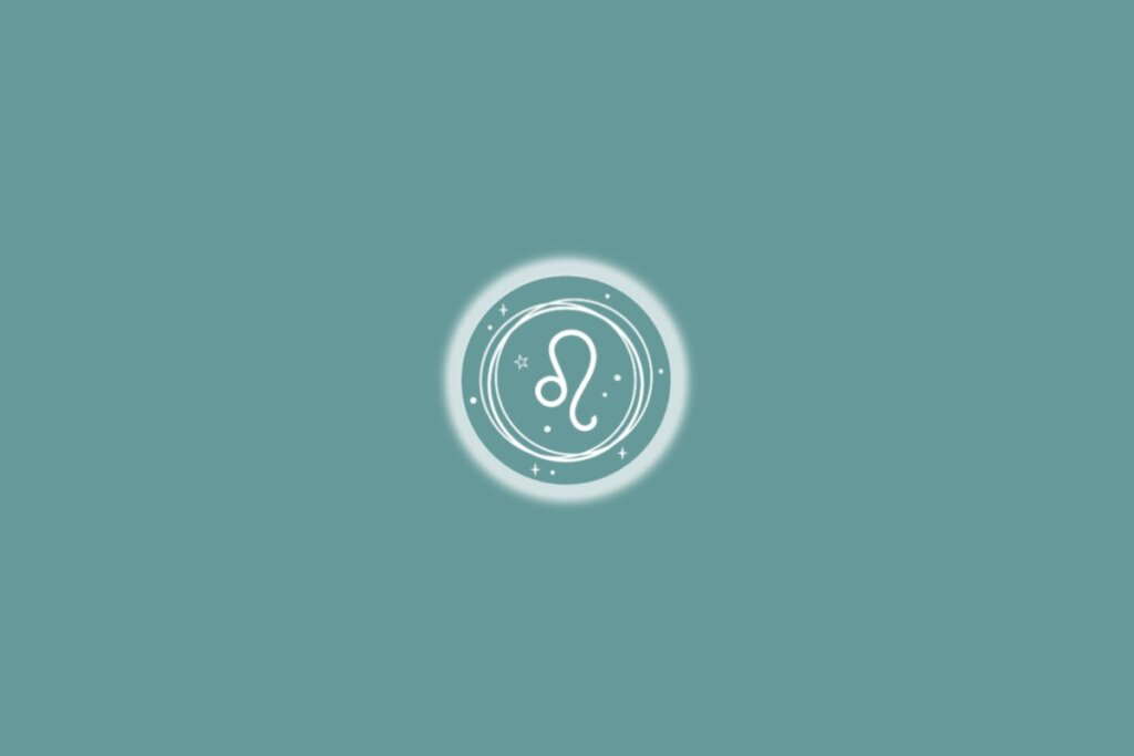 Ilustração do signo de leão, em um círculo branco com estrelas, sobre um fundo verde