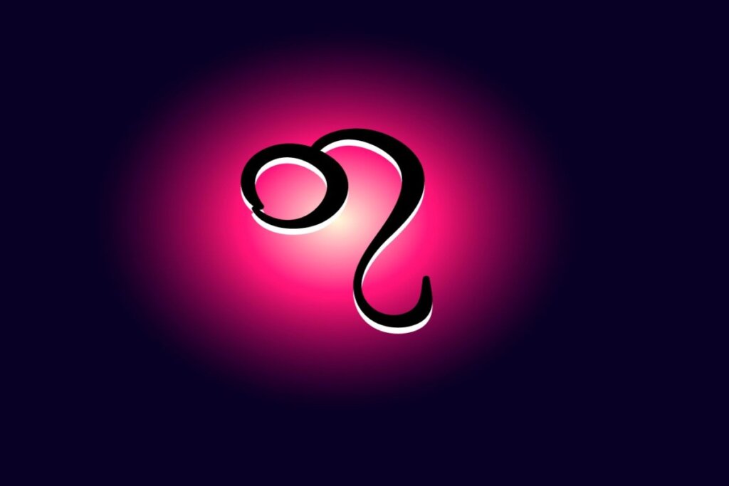 Ilustração do símbolo de leão em círculo rosa e fundo roxo