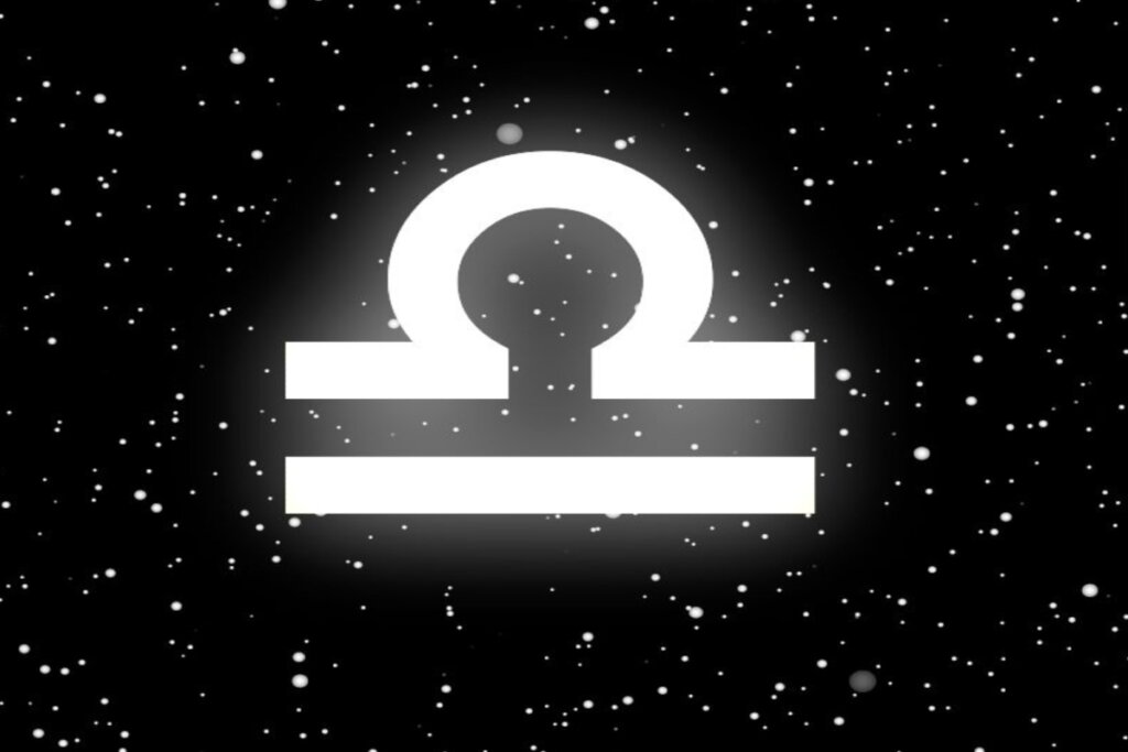 Ilustração branca do símbolo do signo de libra sobre fundo preto com estrelas brancas