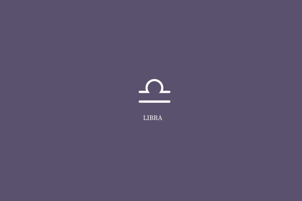 Ilustração do signo de libra, na cor branca e com o nome embaixo, centralizado em um fundo roxo