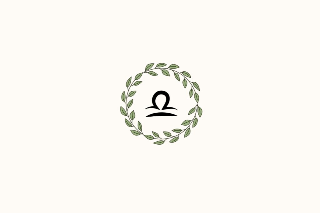 Ilustração de uma coroa de plantas ao redor do signo de libra, sobre fundo rosa-claro