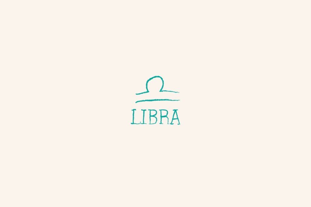 Símbolo do signo de libra, na cor verde, centralizado em um fundo bege-claro e com o nome abaixo