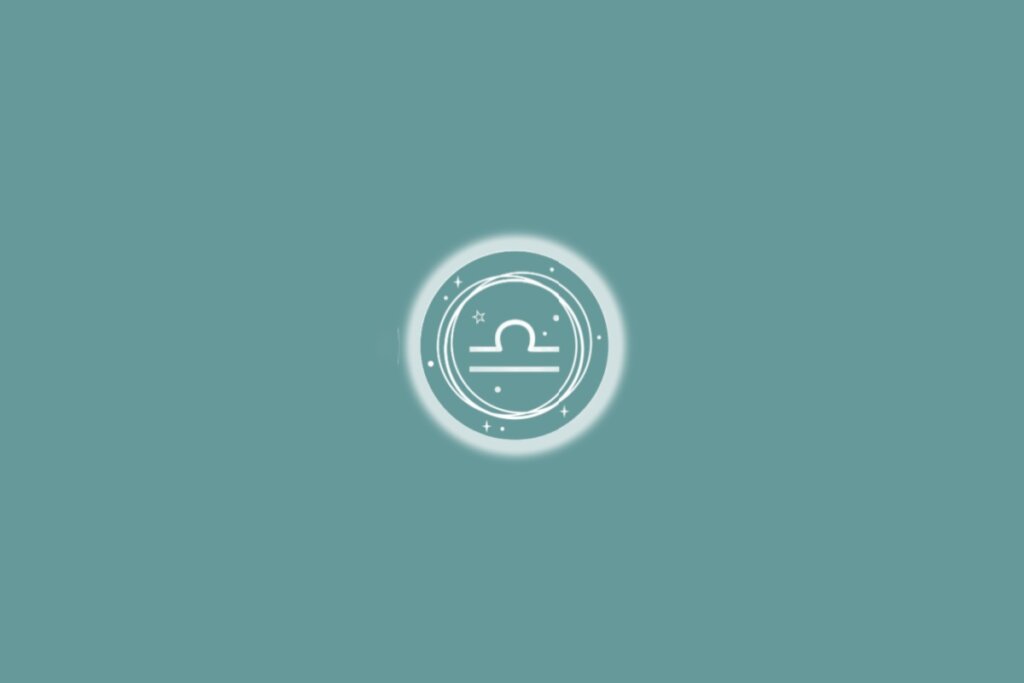 Ilustração do signo de libra, em um círculo branco com estrelas, sobre um fundo verde