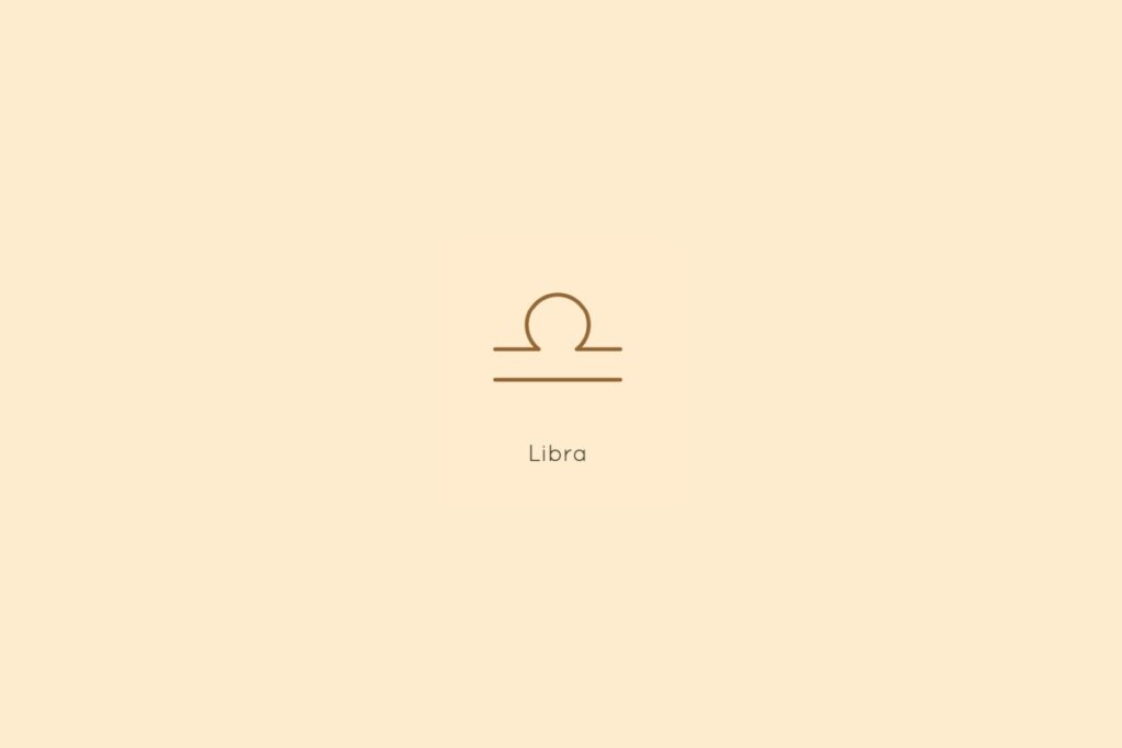 Ilustração do signo de libra, centralizado em um fundo amarelo, com o nome do signo abaixo