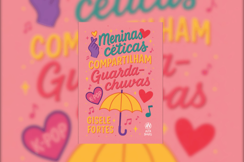 Capa de livro rosa, com o título e nome da autora escrito em letas coloridas e ilustração de um guarda-chuva amarelo