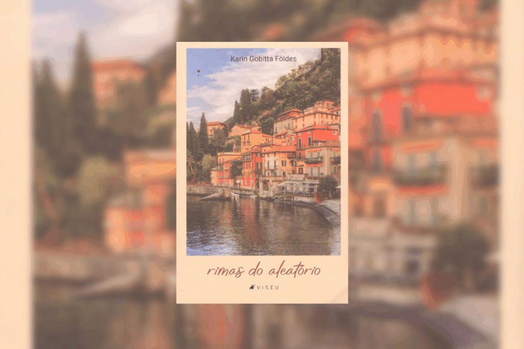 Capa de livro com título e nome da autora com borda bege e paisagem de lago e casas coloridas na costa