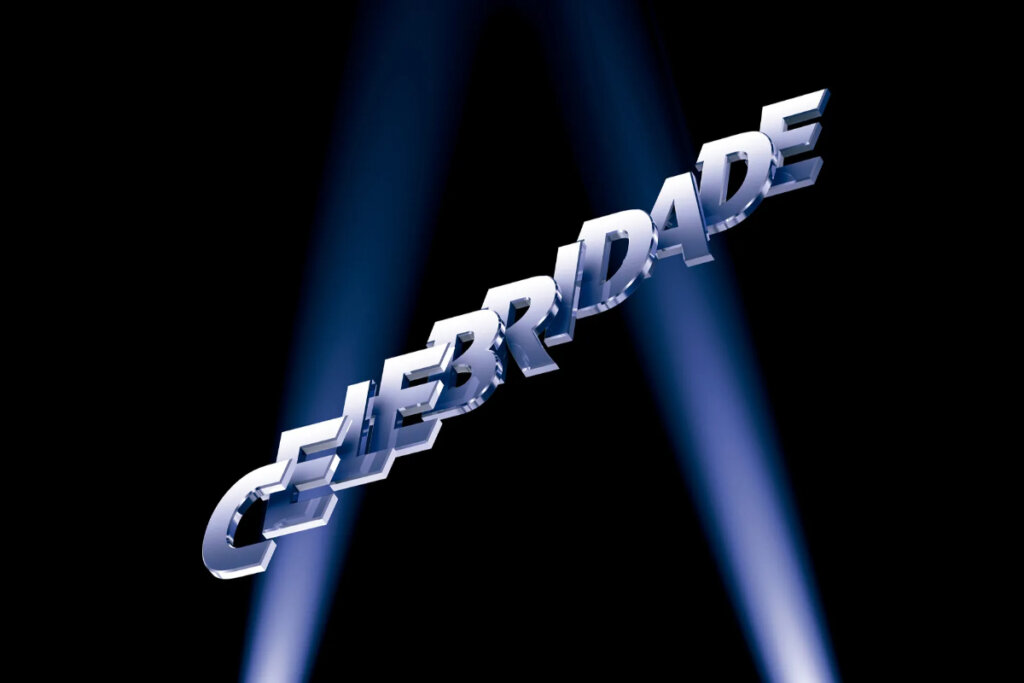 logo da novela celebridade com a palavra "celebridade" em azul sobre fundo preto