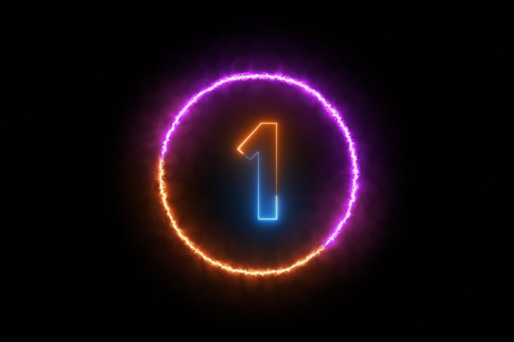 Ilustração do número um em neon colorido dentro de círculo neon colorido em fundo preto