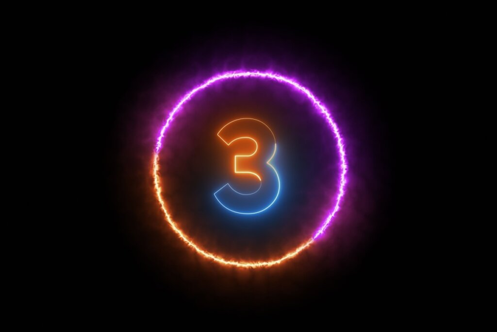 Ilustração do número três em neon colorido dentro de círculo neon colorido em fundo preto