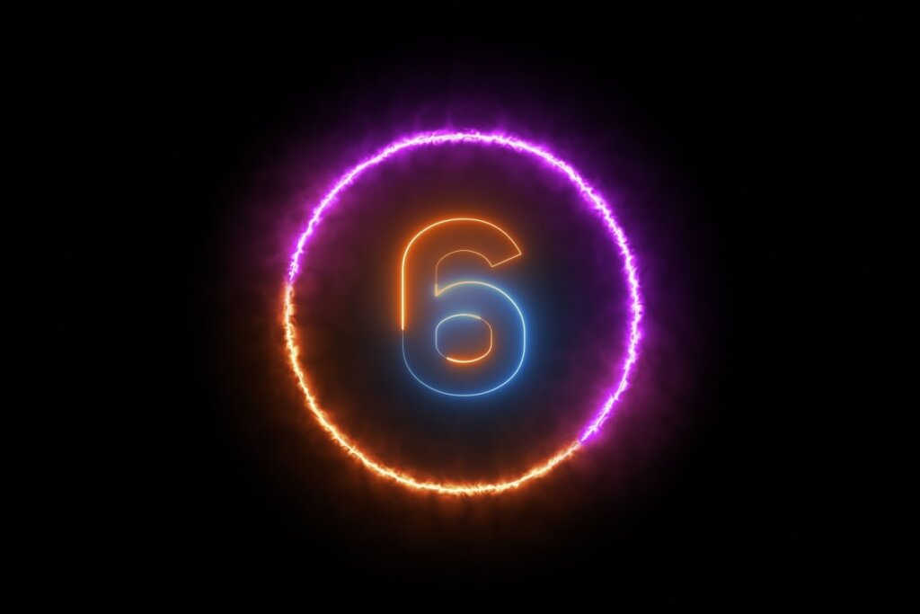 Ilustração do número seis em neon colorido dentro de círculo neon colorido em fundo preto