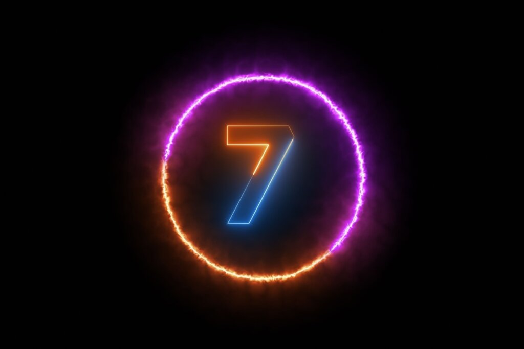 Ilustração do número sete em neon colorido dentro de círculo neon colorido em fundo preto