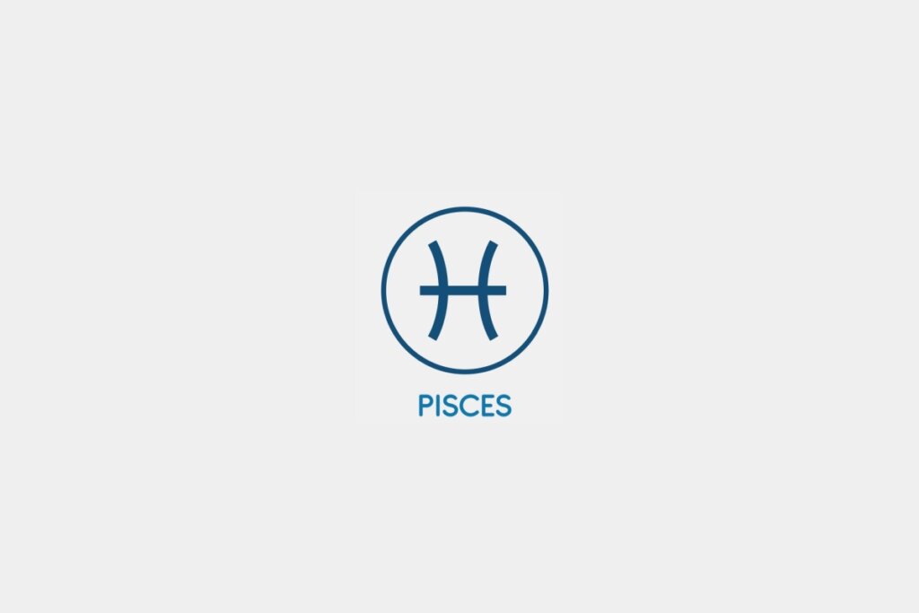 Círculo azul com o símbolo do signo de Peixes ao centro e o nome do signo abaixo, sobre um fundo cinza-claro