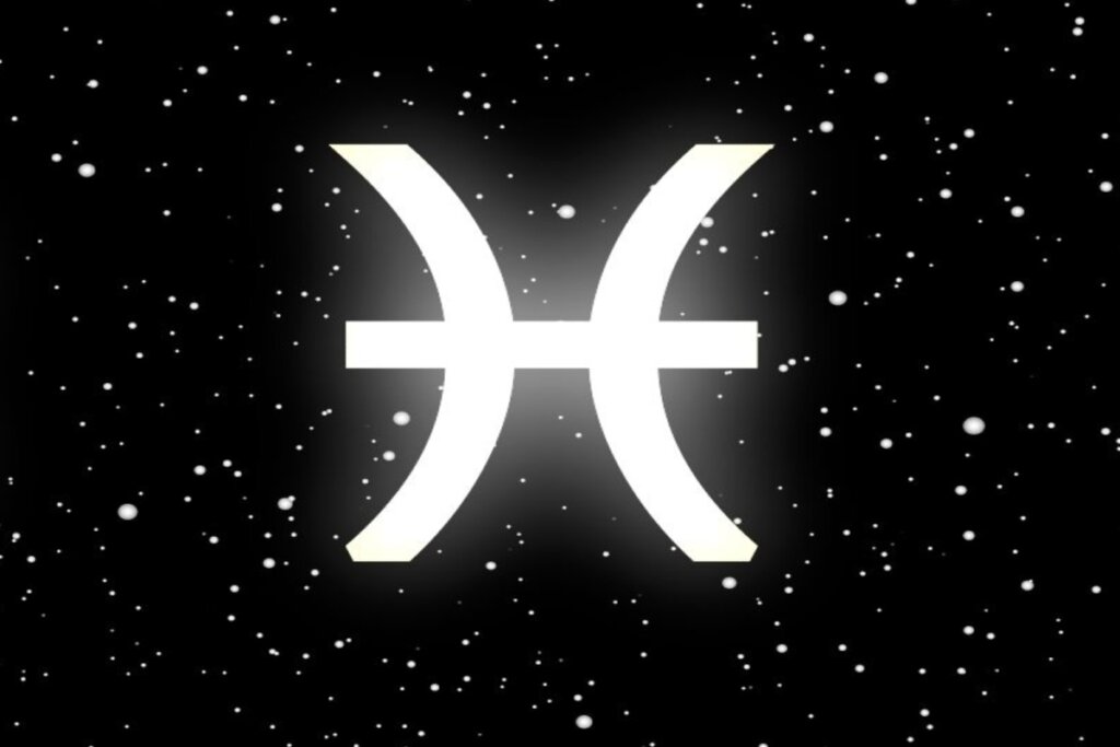 Ilustração branca do símbolo do signo de peixes sobre fundo preto com estrelas brancas