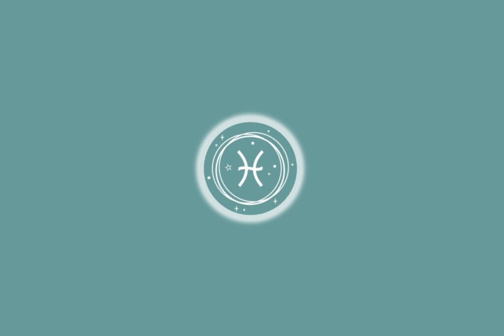 Ilustração do signo de peixes, em um círculo branco com estrelas, sobre um fundo verde