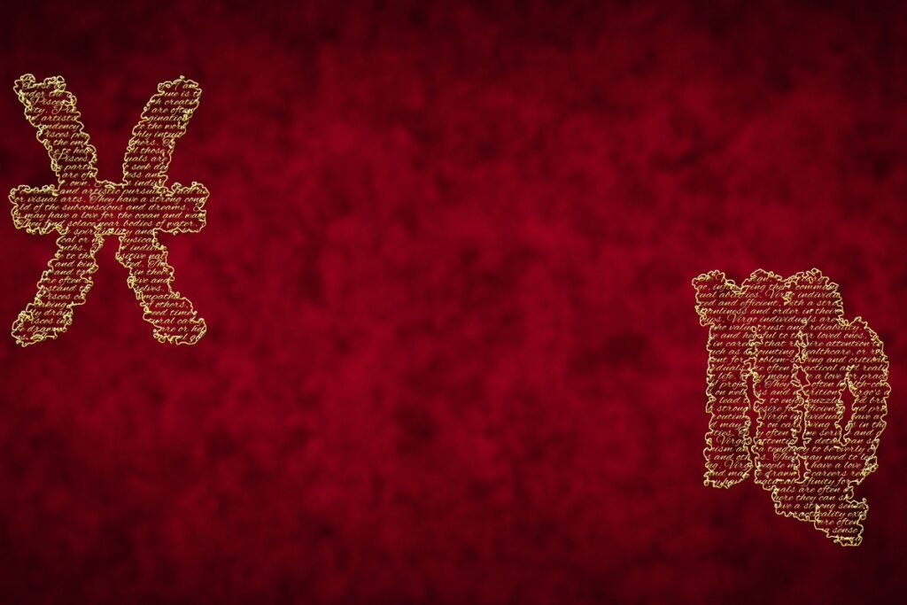 Ilustração do signo de peixes e virgem, em dourado, sobre um fundo vermelho com manchas pretas