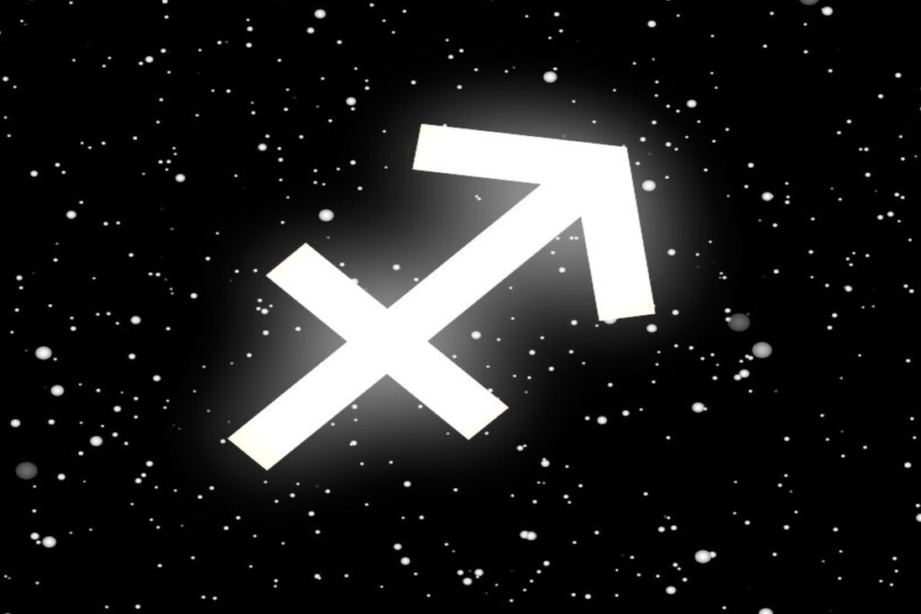 Ilustração branca do símbolo do signo de sagitário sobre fundo preto com estrelas brancas