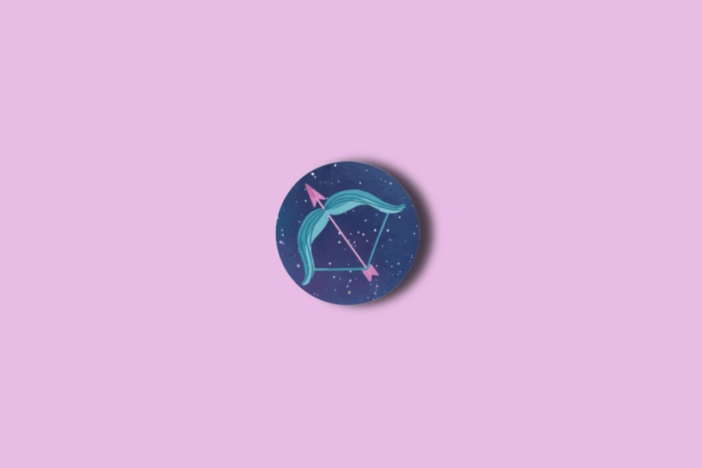 Ilustração do signo de sagitário em um círculo azul com estrelas e sobre um fundo rosa