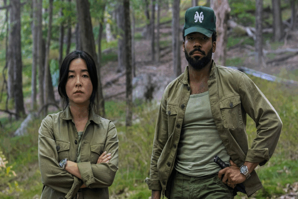 Casal um ao lado do outro em floresta, ambos estão usando roupas em tons de verde, o homem está usando boné