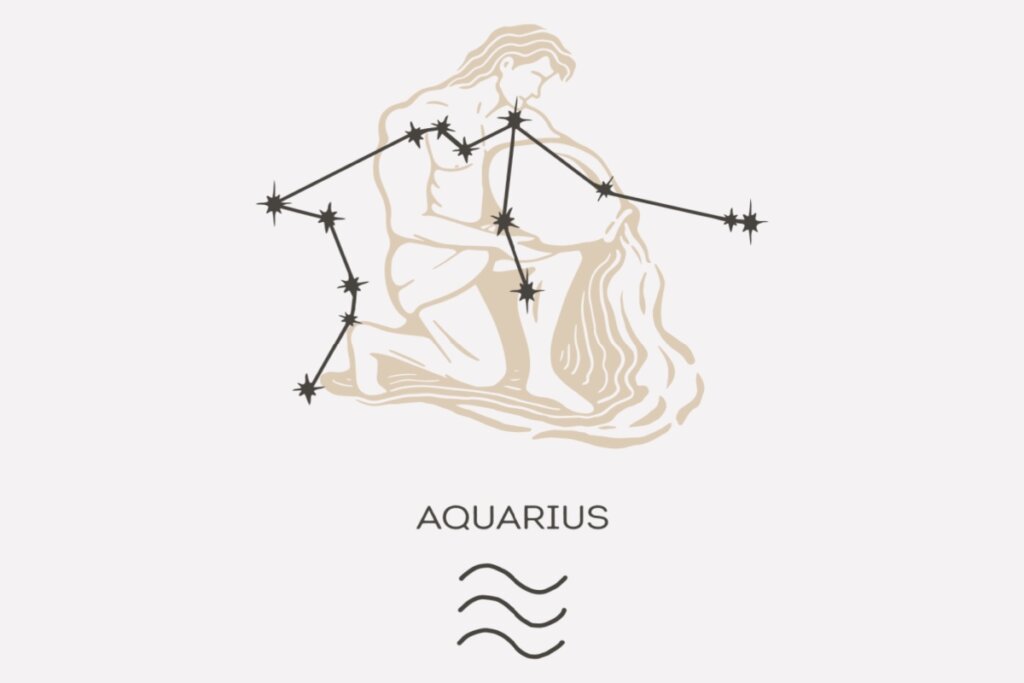 Ilustração e constelação do signo de Aquário em um fundo cinza