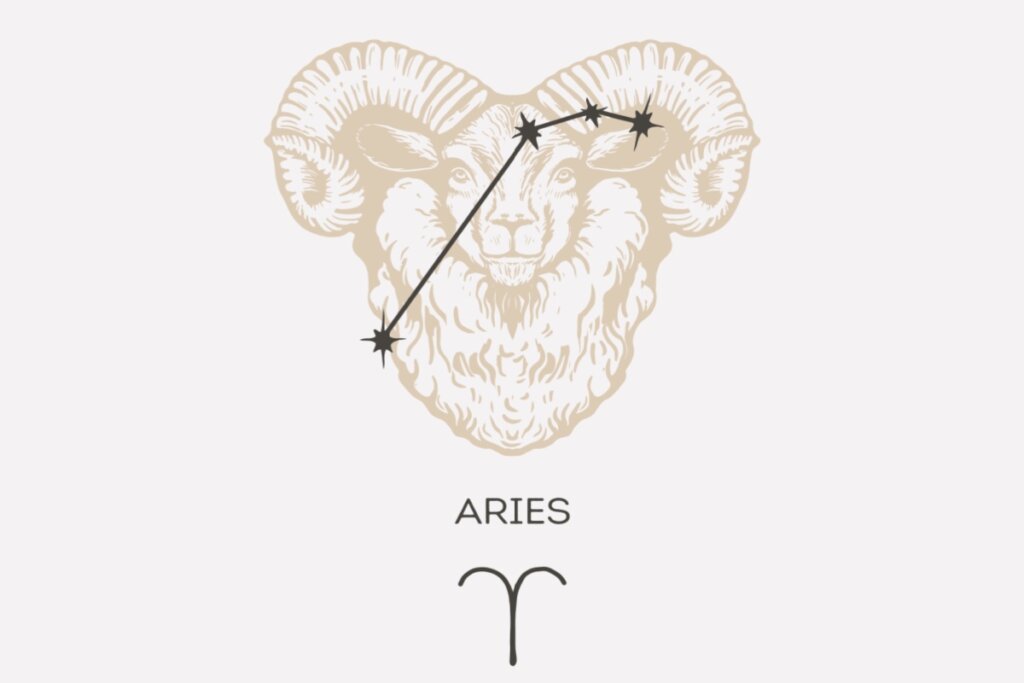 Ilustração e constelação do signo de Áries em um fundo cinza