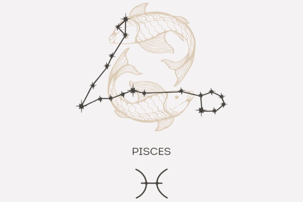 Ilustração e constelação do signo de Peixes em um fundo cinza