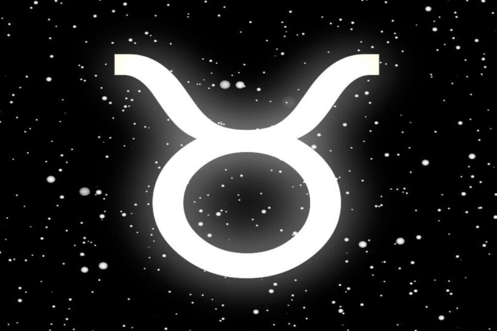 Ilustração branca do símbolo do signo de touro sobre fundo preto com estrelas brancas
