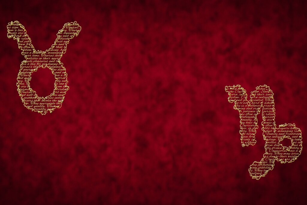 Ilustração do signo de touro e capricórnio, em dourado, sobre um fundo vermelho com manchas pretas