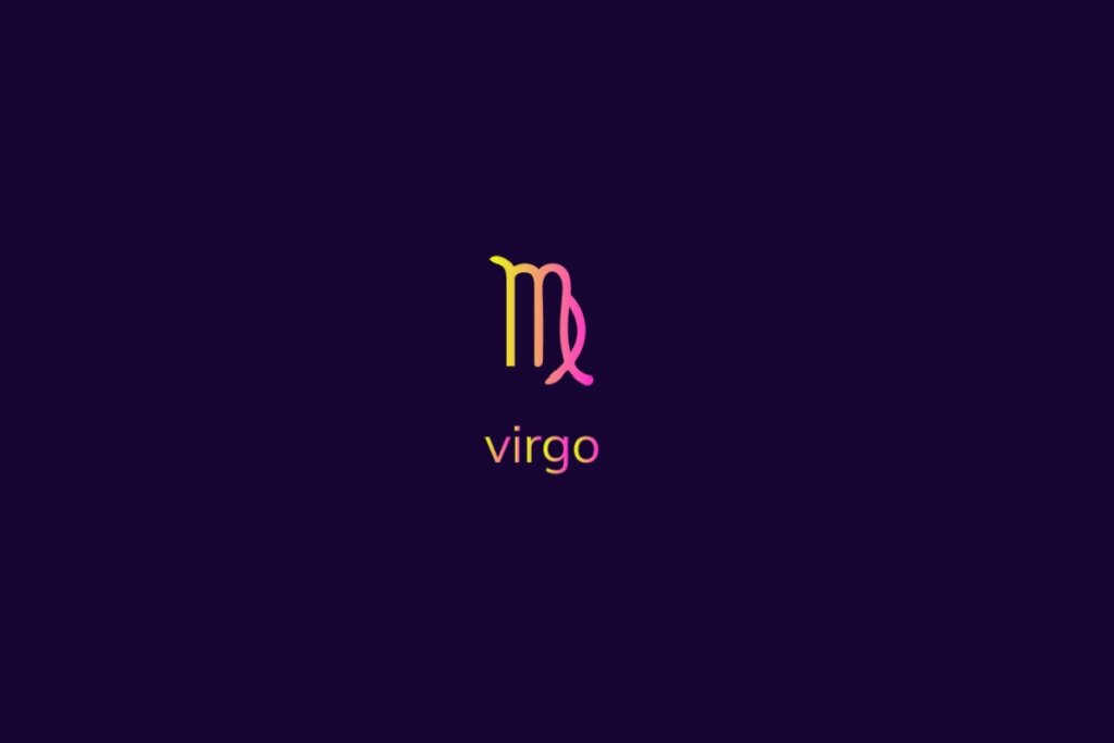 Ilustração do signo de virgem na cor rosa e amarelo em um fundo azul-escuro