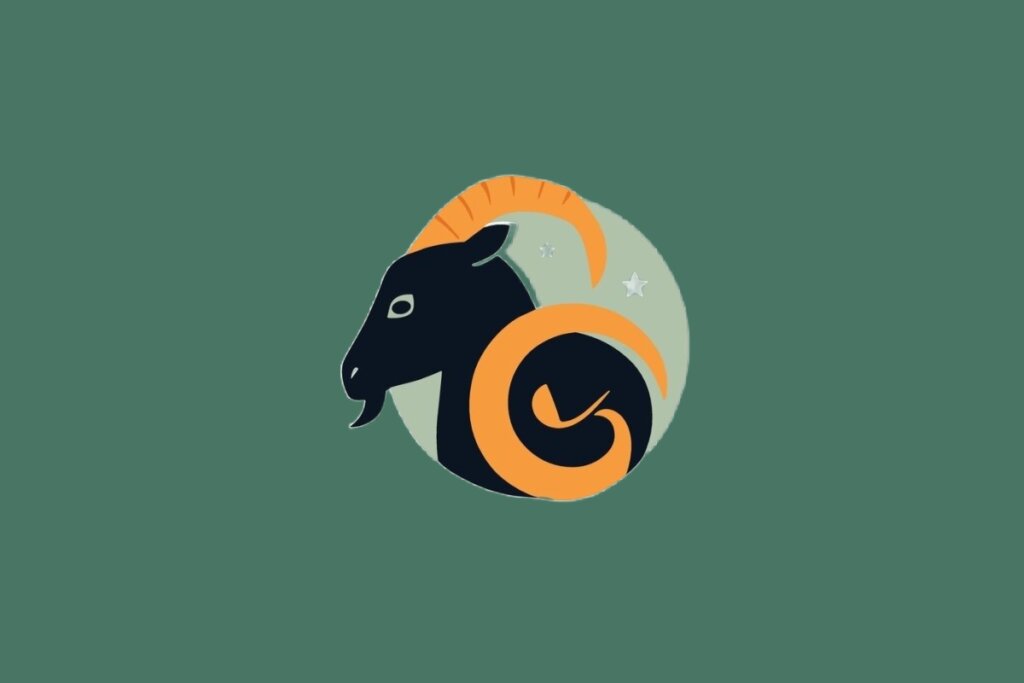 Ilustração do signo de Capricórnio, em fundo verde, contendo a cabeça de uma cabra de perfil com chifre espiral em laranja e estrelas ao fundo