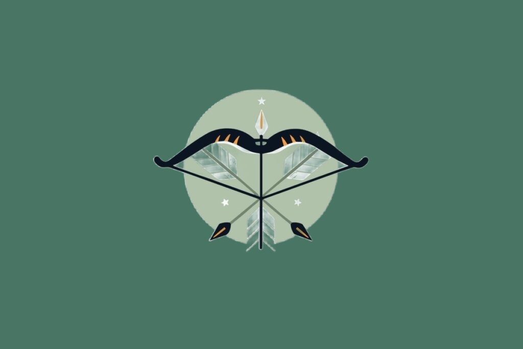 Ilustração do signo de Sagitário, em fundo verde, contendo um arco com flechas cruzadas e uma ponta de flecha em laranja ao centro