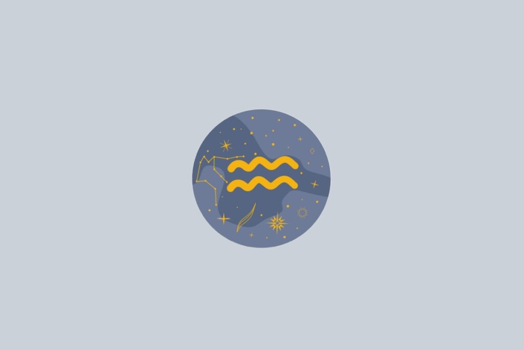 Ilustração do signo de Aquário, contendo o símbolo dourado em forma de duas ondas paralelas, em fundo cinza-claro