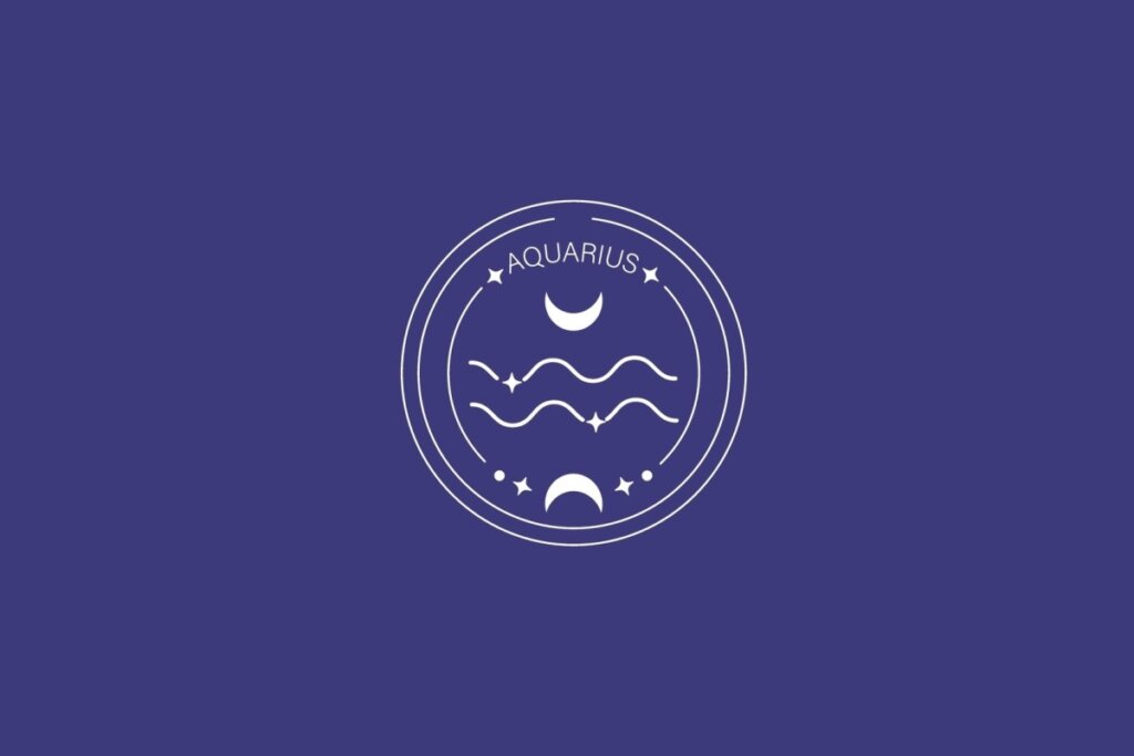 Ilustração do signo de Aquário, com símbolo formado por duas linhas onduladas paralelas, em fundo escuro