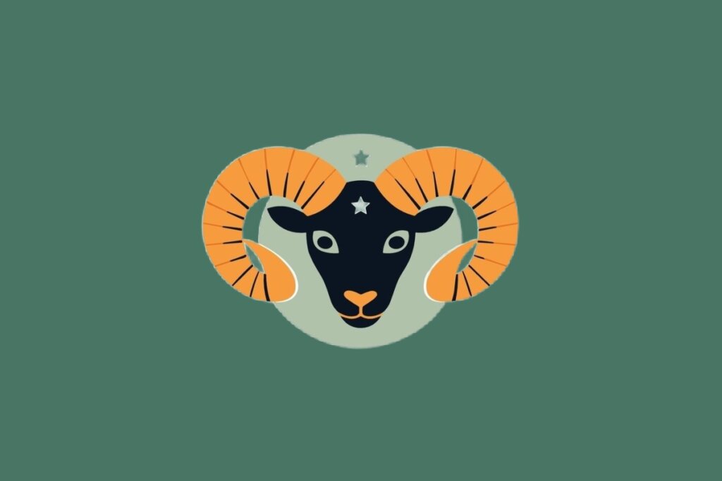 Ilustração do signo de Áries, em fundo verde, contendo a cabeça de um carneiro com chifres laranja e uma estrela na testa